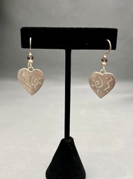 Sterling Silver Signed Far Fetched - Pierced Dangle Heart Earrings With Bead Accent