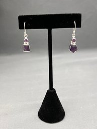 Sterling Silver And Natural Raw Amethyst Pierced Dangle Earrings With Faceted Amethyst