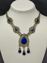 Vintage Silver Tone Tear Drop Necklace With Lapis Lazuli Stones - Unsigned, Untested -Bali?