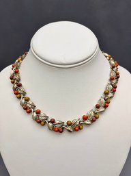 Vintage Signed Coro 16' Leaf With Fall Colored Beads Necklace Hook Clasp Gold Tone