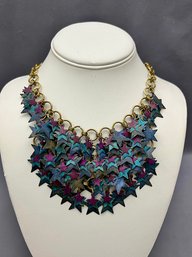 Vintage Brass Chainmail With Metal Blue And Purple Stars Bib Necklace 24' Long