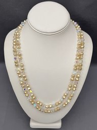 Vintage Japan Double Strand Faux Pearl And AB Glass Crystals Necklace With Beautiful Clasp