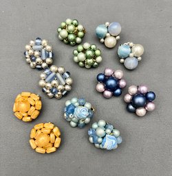 Vintage Clip Beaded Earrings Signed Japan And Hong Kong Blues Greens Lilac Pearl Peach  1950's