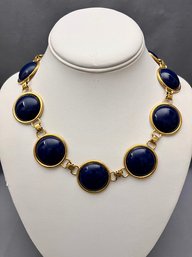 Beautiful Vintage Monet Gold Tone Navy Blue Disk Statement Necklace 18'  Retro Preppy