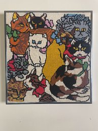 Handmade Cross Stitch Of A Whole Bunch Of Cats 1970's - Mcm