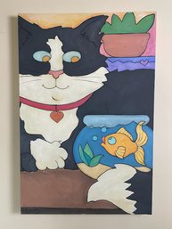 'Goldie' By Jillian Lund Cat With Fish Bowl And Nervous Fish