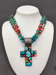 Vintage Rocky Gorman Multi-Stone Sterling Silver Multi-Strand Beaded Necklace And Sterling Cross