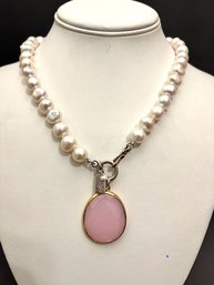 Pearly Girls  Avery Sterling Necklace, Freshwater Cultured Ring Pearls, Pink Chalcedony Pendant Retail $150