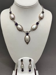 Roie Jaque Beautiful Navajo Sterling Silver Amethyst And Mother Of Pearl Necklace And Earring Set