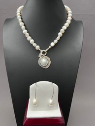 Pearly Girls 925 Sterling And Natural Pearl Necklace 20' Long With Pearl Earrings 1.5' Long - Retail $185