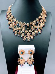 Turkish Bridal Jewelry Necklace And Clip Earrings - Beads And Golden Filligree