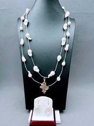 Baroque Natural Pearl Necklace And Earrings With Brass Cross