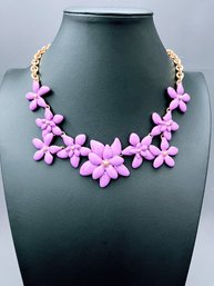 Talbots Lilac Purple Enamel Floral Statement Necklace In Gold Tone 18' -21' Long