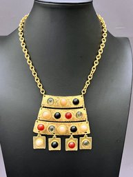Signed Boho Glass Multi Color Cabochons Gold Tone Statement Necklace 20' - 22'
