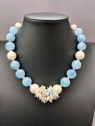 Absolutely Gorgeous Aquamarine Beaded Necklace With Fresh Water Pearls And Crystal Findings  16'-18' Long