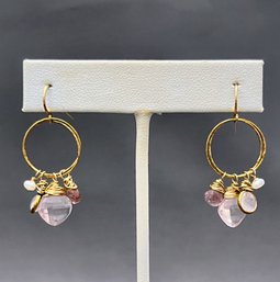 Artisan Handmade Gold Tone Faceted Gemstone Earrings 1.5' Dangle .75' Wide