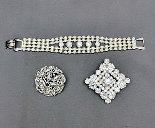 Rhinestone Bracelet And Two Brooches, Square One Signed Weiss