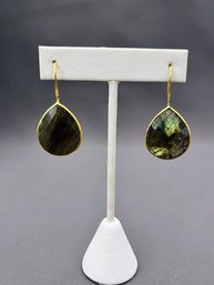 Checkerboard Cut Faceted Labradorite Earrings With Gold Tone Wrap, 1.75' Long, .75' Wide