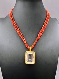 Coral And Gold Necklace With Large Enhancer With Semi-precious Faceted Stone   20' Long, Pendant 2' X 1'
