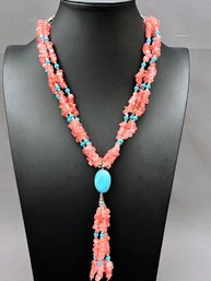 Turquoise And Pink Stone Native American Style Necklace With Silver Tone Beads (untested)