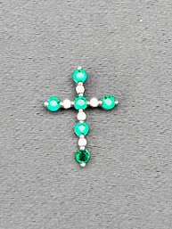 14kt White Gold Small Cross With Diamonds And Emeralds