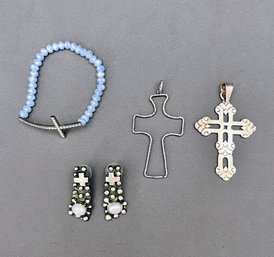 Sterling Silver Cross Jewelry - Pendants And Earrings With Pearls, Stainless Steel Bracelet