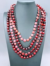 Nest Jewelry, Maroon Beads, Coin Pearls And Gun Metal 6 Strand Necklace  26' - 28'