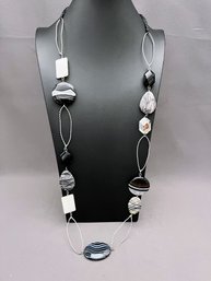 Gorgeous Jasper And Mother Of Pearl Stone And Wire Long Necklace With Faceted Glass Gems