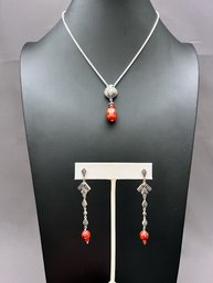 Signed Judith Jack Sterling Silver Necklace And Earrings With Carnelian Beads And Marcasite