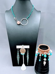 Boho Jewelry Lot With Earrings, Necklace, Pendant And Leather Wrap Bracelet With Cultured Pearls
