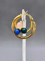 Signed Vintage Bijoux Cascio Italy Hoop Earrings With Rose Quartz, Lapis Lazuli, Jade, Gold Tone 1.25' Long