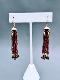 14k Yellow Gold Caps With Gold Dangles, Garnet And Topaz Waterfall Earrings 2.5' Long
