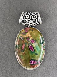 Silver Plated Ruby Zoisite Cabochon Pendant With Scroll Work Bail 2.50' Long X 1.25' Wide