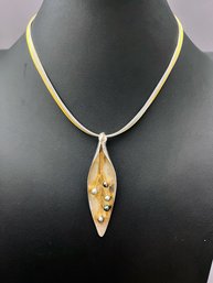 LJD Sterling Silver Leaf Pendant With18K Veins And Keshi Pearls Hung On Gold And Silver Wire Strands