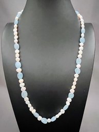 Baroque Pearl And Aquamarine Beaded Necklace, No Clasp - 26' Long