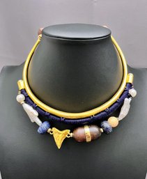 Lizzie Fortunato Collar Necklace With Baroque Pearls, Lapis Beads And Plated Shark Tooth 16' Collar