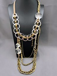 Ranjana Khan Gold Tone Chain Leather Large Glass Faceted Stones Signed 2010 Statement Necklace