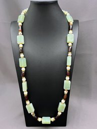 Jade Marble And Black Onyx Gold Tone Necklace 36' With 6' Extender
