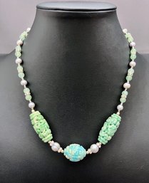 Asian Style Carved Natural Jade Green Stone Necklace With Gray Ringed Pearls And Crystals  18' Long