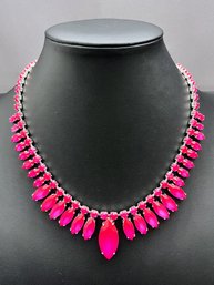 Neon Pink Rhinestone Silver Tone Necklace, Rave Necklace, 80's Necklace