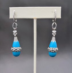 14K White Gold With Diamonds And Lucite Teardrop Earrings With Leaver Backs 2.50' Dangle