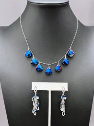 Beautiful Swarovski Deep Blue Briolette Station Necklace With Matching Sterling Silver And Crystal Earrings