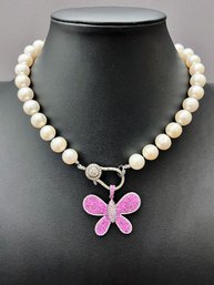 Hayley Style Large Pearl Necklace With Sterling Silver Diamond Clasp, Butterfly Pendant With Pink Sapphires