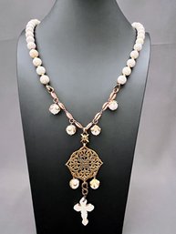 Love Heals Howlite And Brass Long Necklace With Howlite Cross, 38' Long, 5.25' Pendant Length X 2' Wide