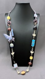 Glass Crystal And Pearl Artisan Butterfly Necklace , 40' - 42' Long. Butterfly 2.75' Long X 2.50' Wide