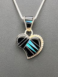 Native American Sterling Silver Signed Calvin Begay Heart Pendant With Onyx And Opal - Retail $400