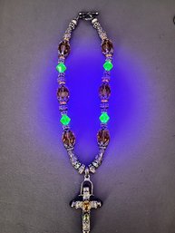 Byzantine Style Sterling Silver Cross With Faceted Gemstones & Uranium Glass Beaded Necklace