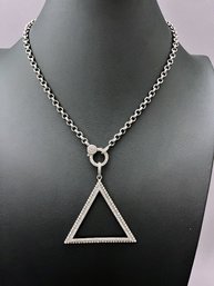 Diamond And Oxidized Sterling Silver  Rolo Chain Necklace With Sterling Silver Diamond Triangle Pendant