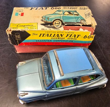 Vintage Fiat 600 Tin Toy Friction Car Blue 1960s Bandai Rare Japan W/ Box Mint