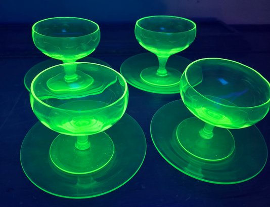 Uranium Glass Dessert Cups & Saucers 4 Sets